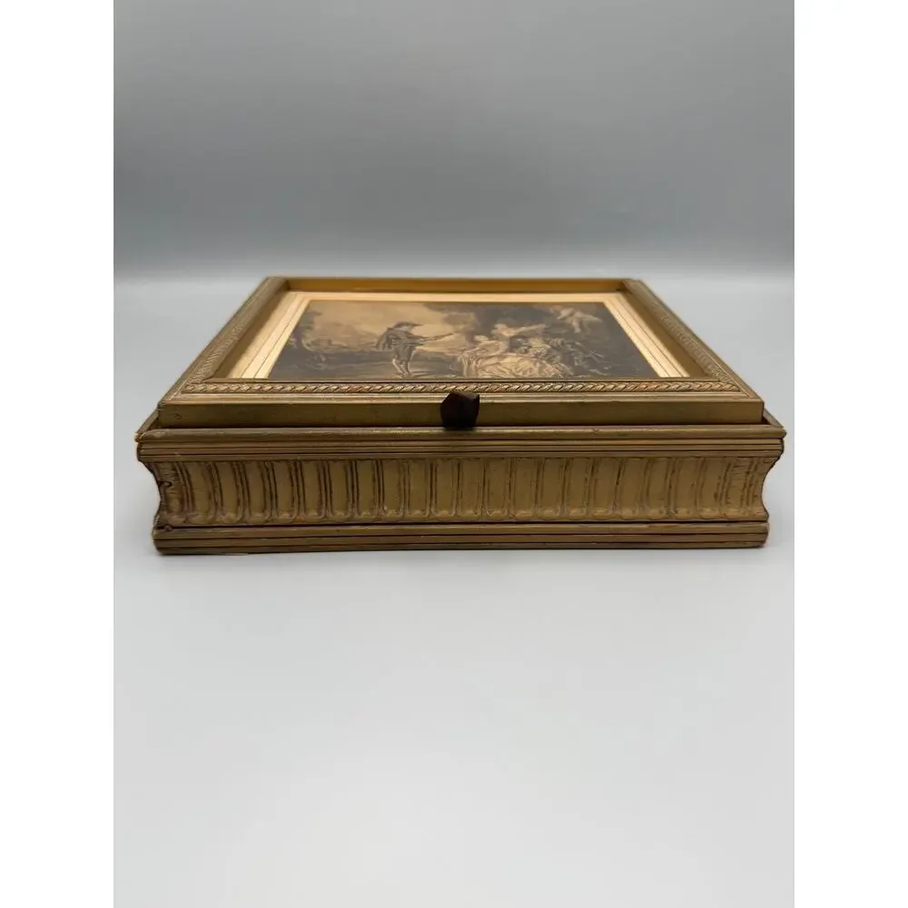 Gilt Wood Mirrored Jewelry Box Framed Pastoral Art Divided Vanity Keepsake